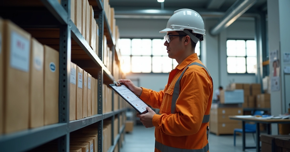 Auditor verifica documentos de segurança do trabalho em uma fábrica 