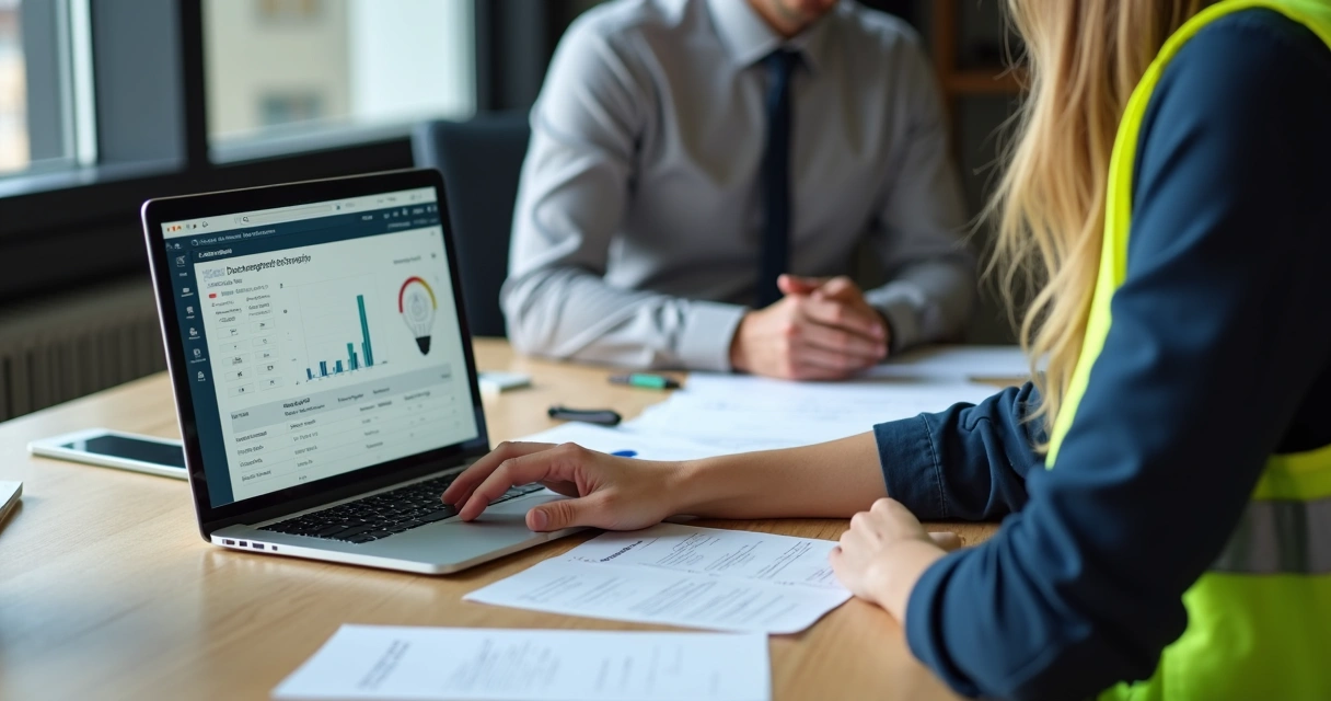 Profissional de SST mostrando documentos organizados em auditoria 