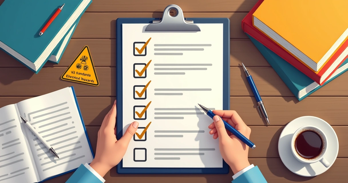 Checklist de auditoria elétrica numa prancheta com itens marcados 