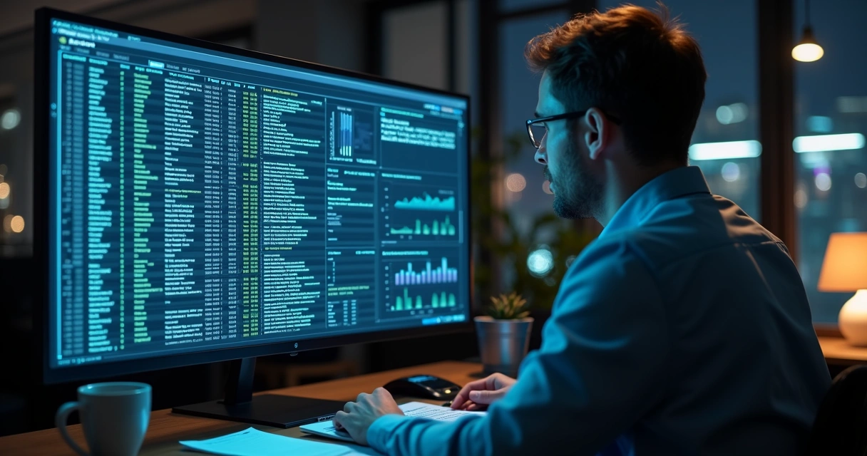 Profissional analisando trilha de auditoria em notas fiscais na tela 