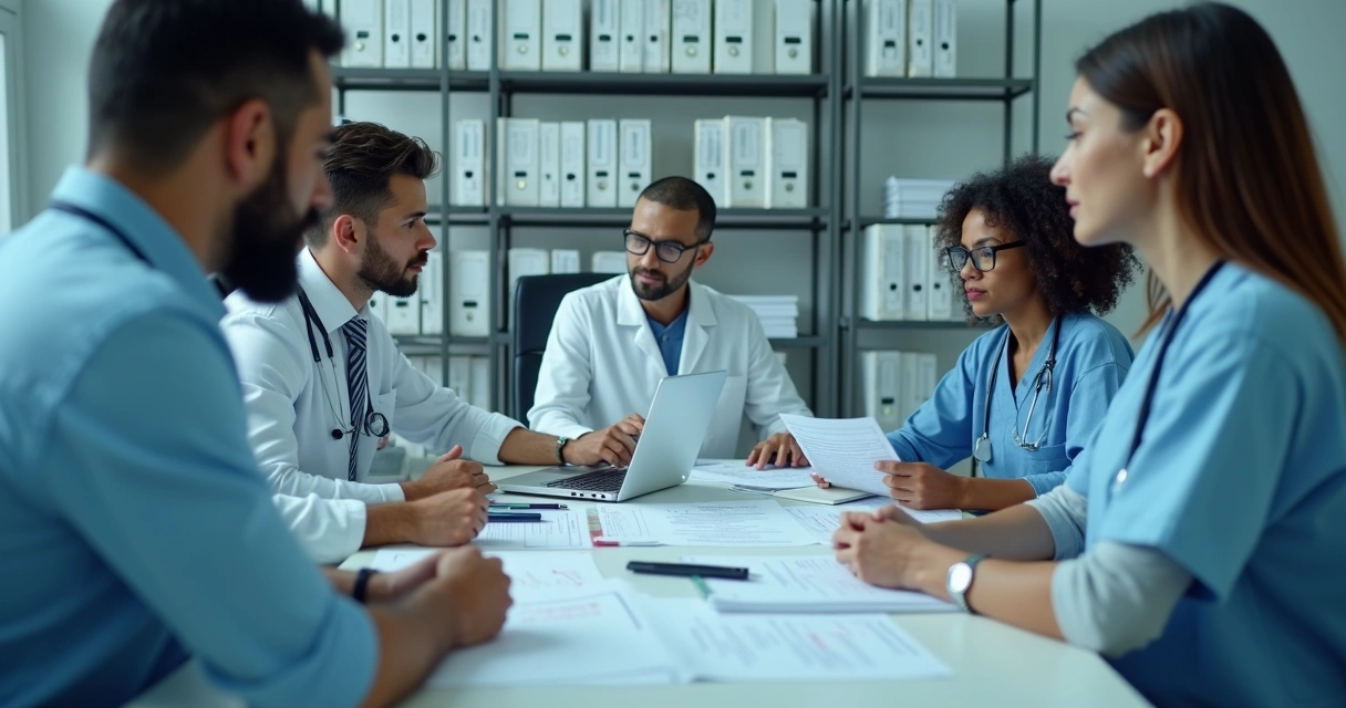 Equipe realizando auditoria documental em clínica de saúde