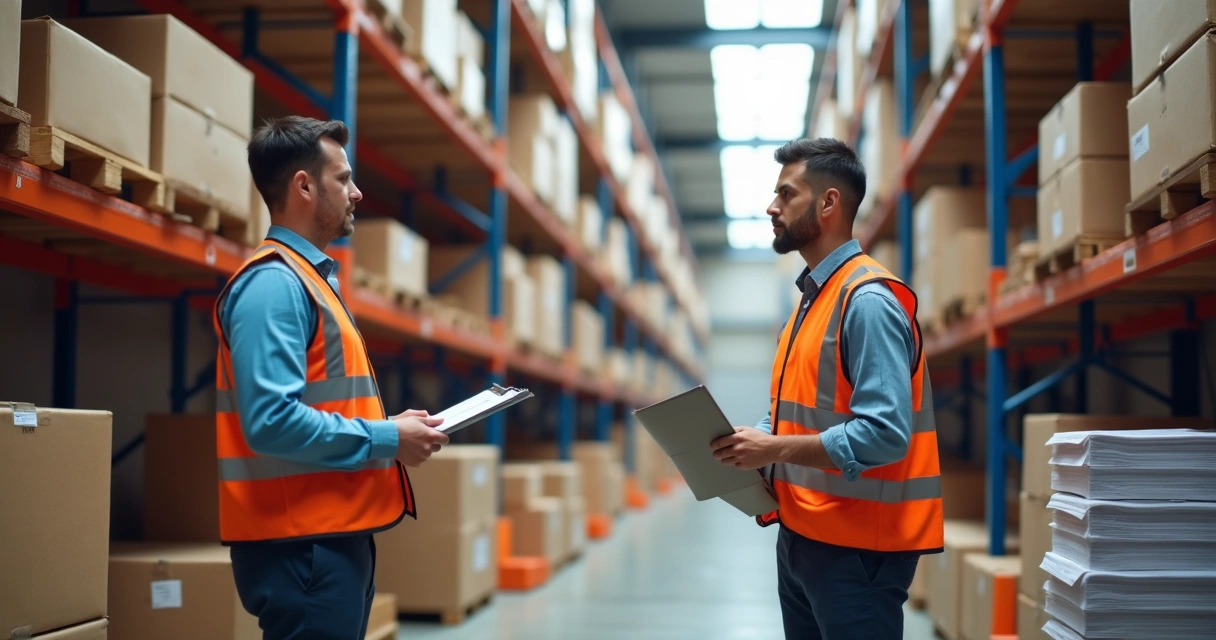 Auditor conversando com gestor logístico em armazém