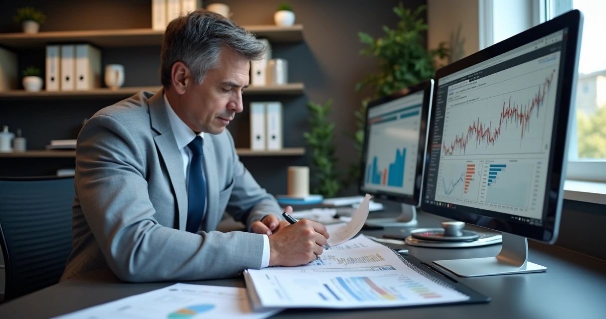 Auditor fiscal revisando documentos e planilhas em mesa de escritório 