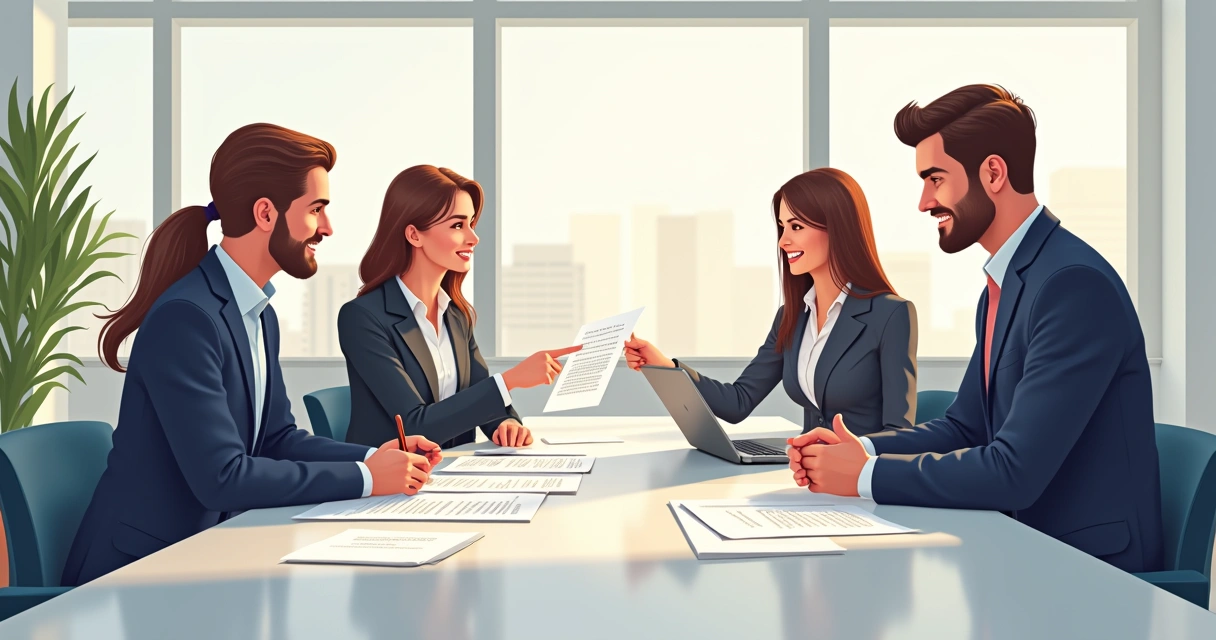 Equipe revisando cláusulas em reunião empresarial 
