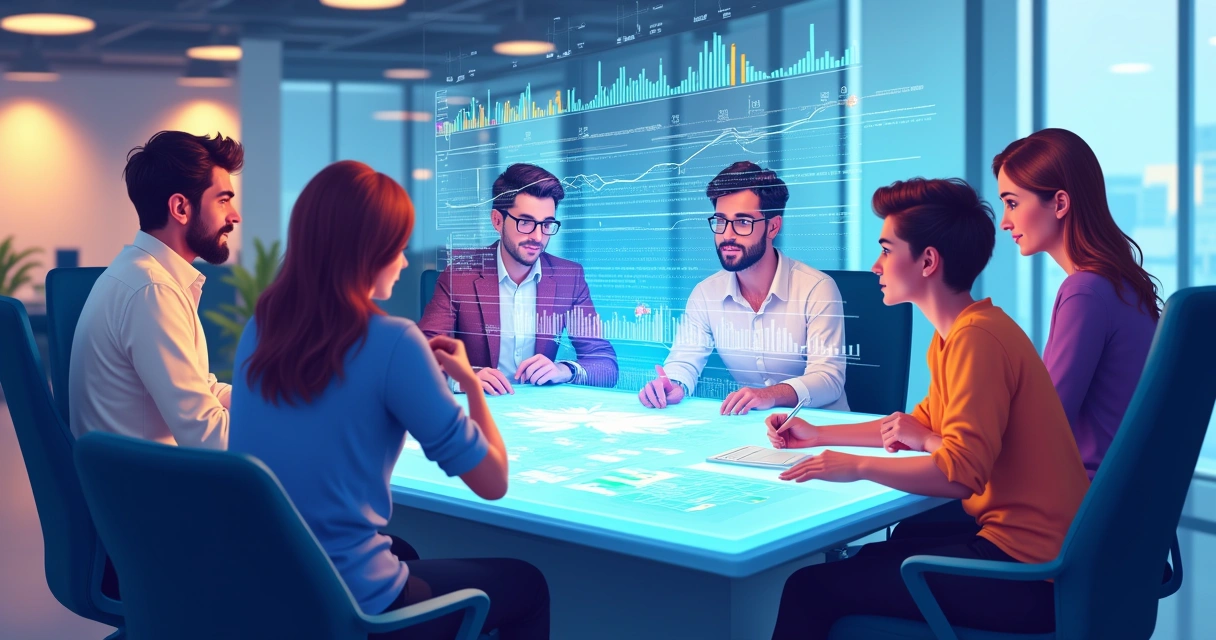 Equipe de BI revisando histórico de relatórios em tela 