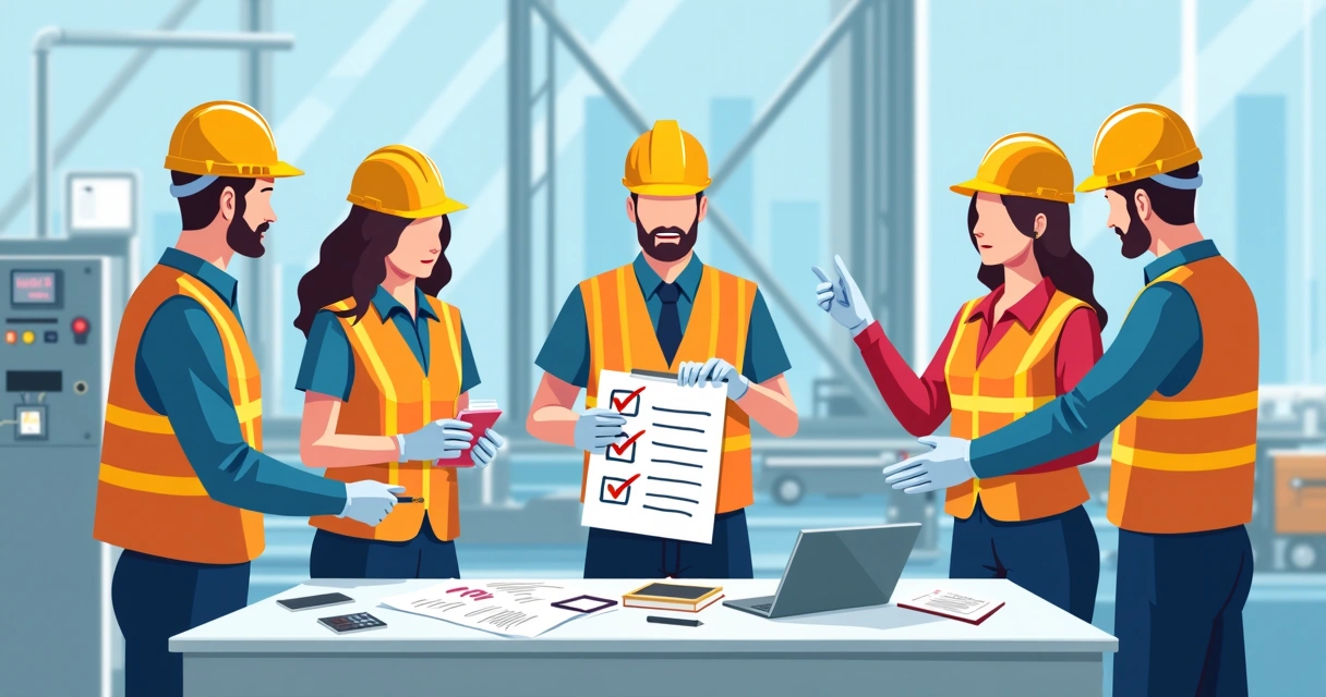 Equipe de segurança do trabalho revisando documentos e equipamentos em ambiente industrial 