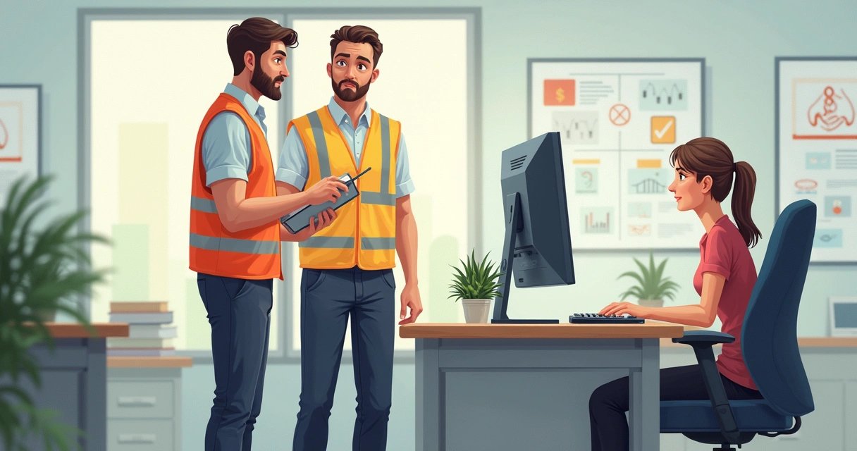 Auditor fiscal observa posto de trabalho administrativo e faz anotações