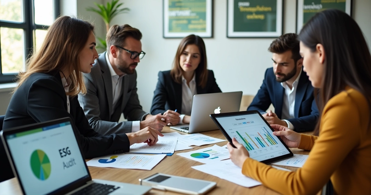 Equipe analisando documentos ESG em reunião corporativa