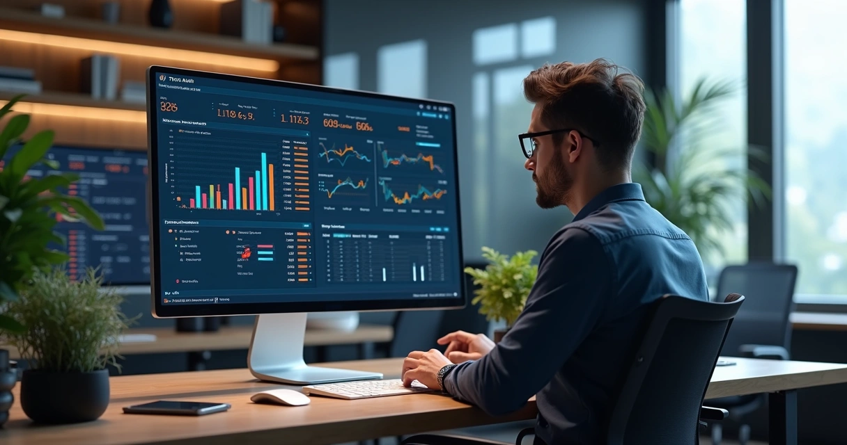 Pessoa analisando dados de estoque em tela de computador com gráficos detalhados e sistema de ERP aberto 