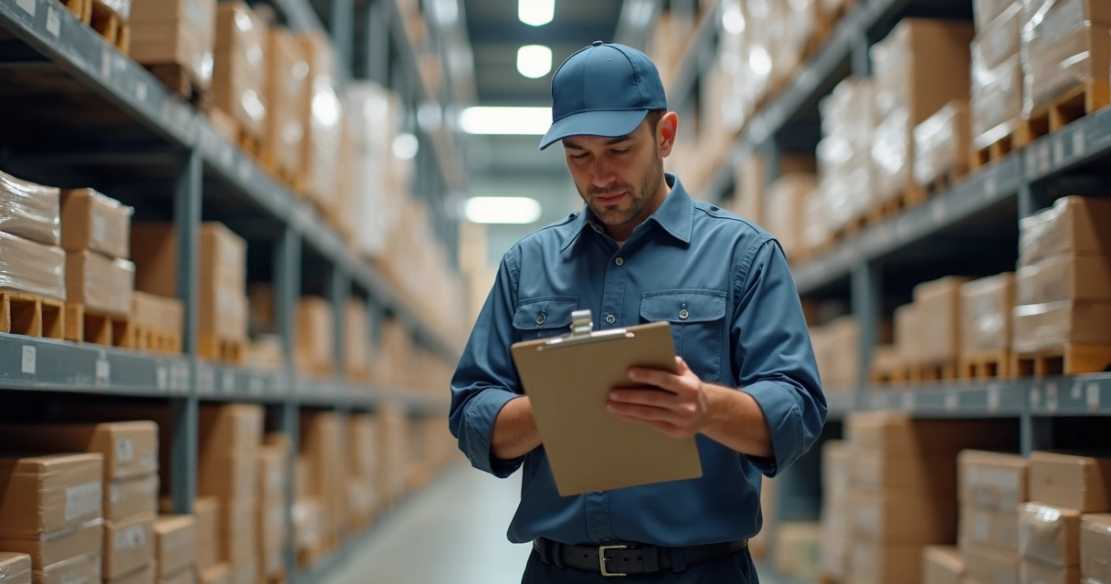 Funcionário auditando estoque em varejo físico. 