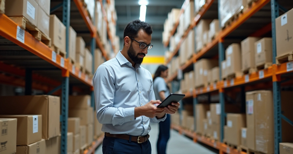 Gestor usando tablet para checar estoque em galpão com prateleiras 