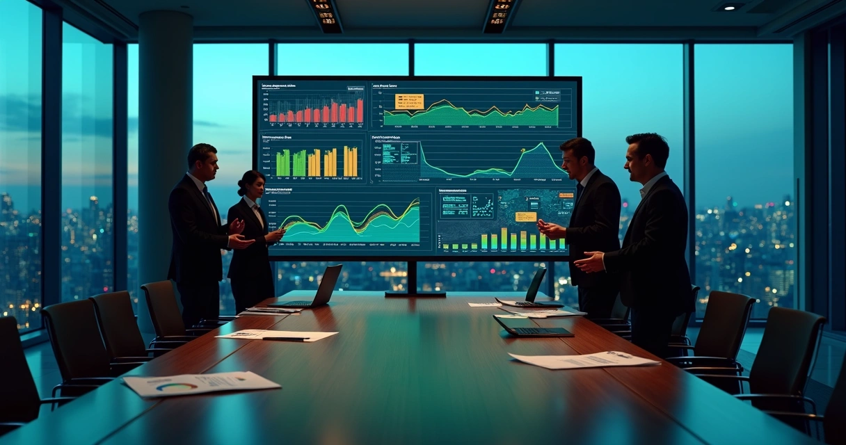 Gestores analisando painel de dados em grande tela digital 