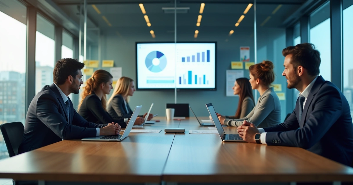 Profissional revisando conta de mídia paga com equipe ao fundo 