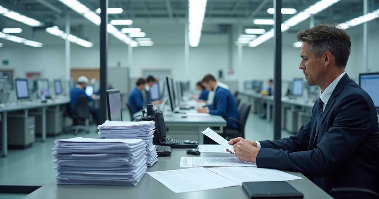 Auditor vistoriando documentos em fábrica de alimentos 