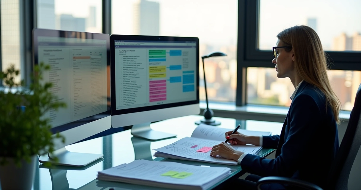 Auditor examinando documentos de feedbacks de clientes em escritório moderno 