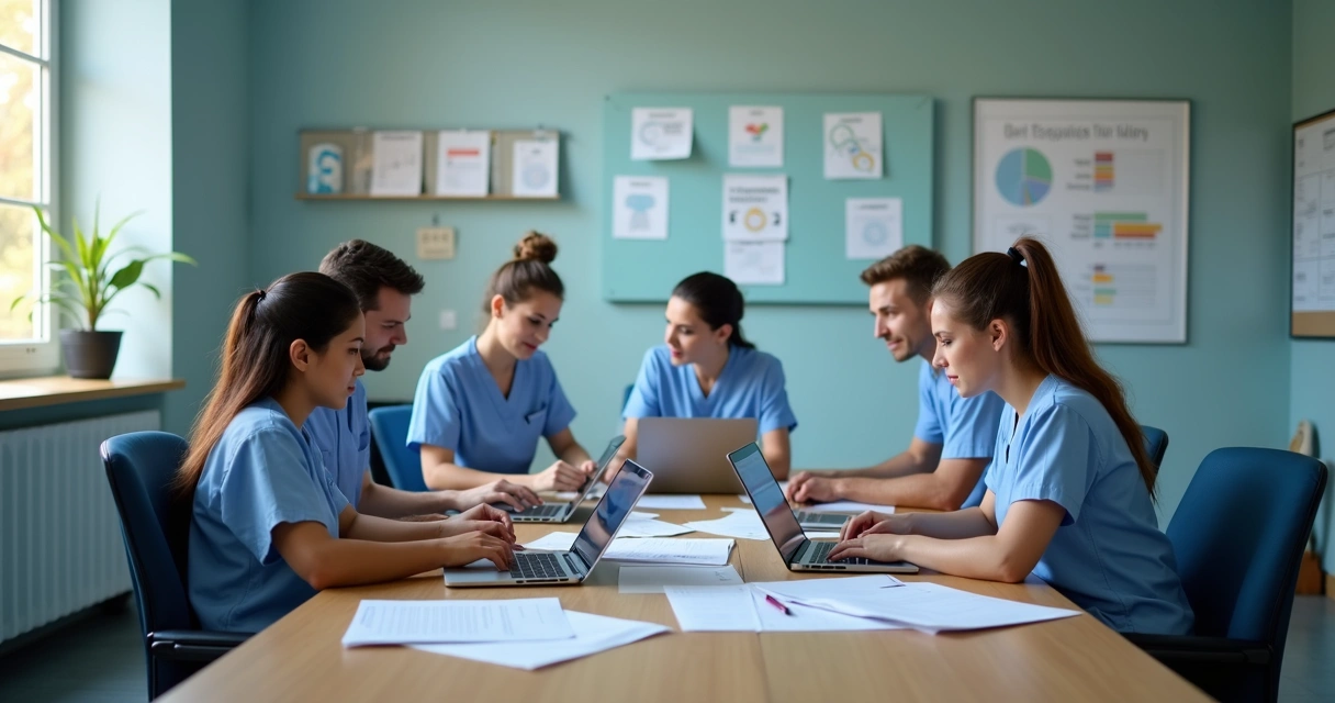 Equipe de clínica revisando fichas de pacientes em reunião. 