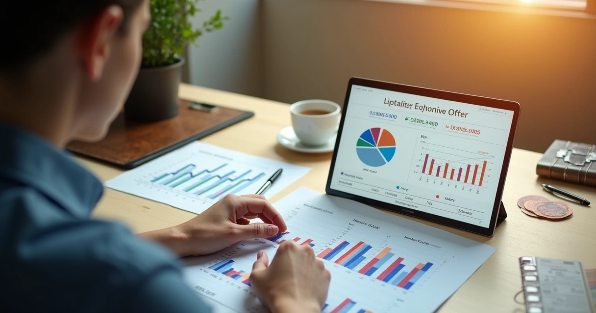 Pessoa analisando planilhas financeiras com símbolos de Vênus ao fundo. 