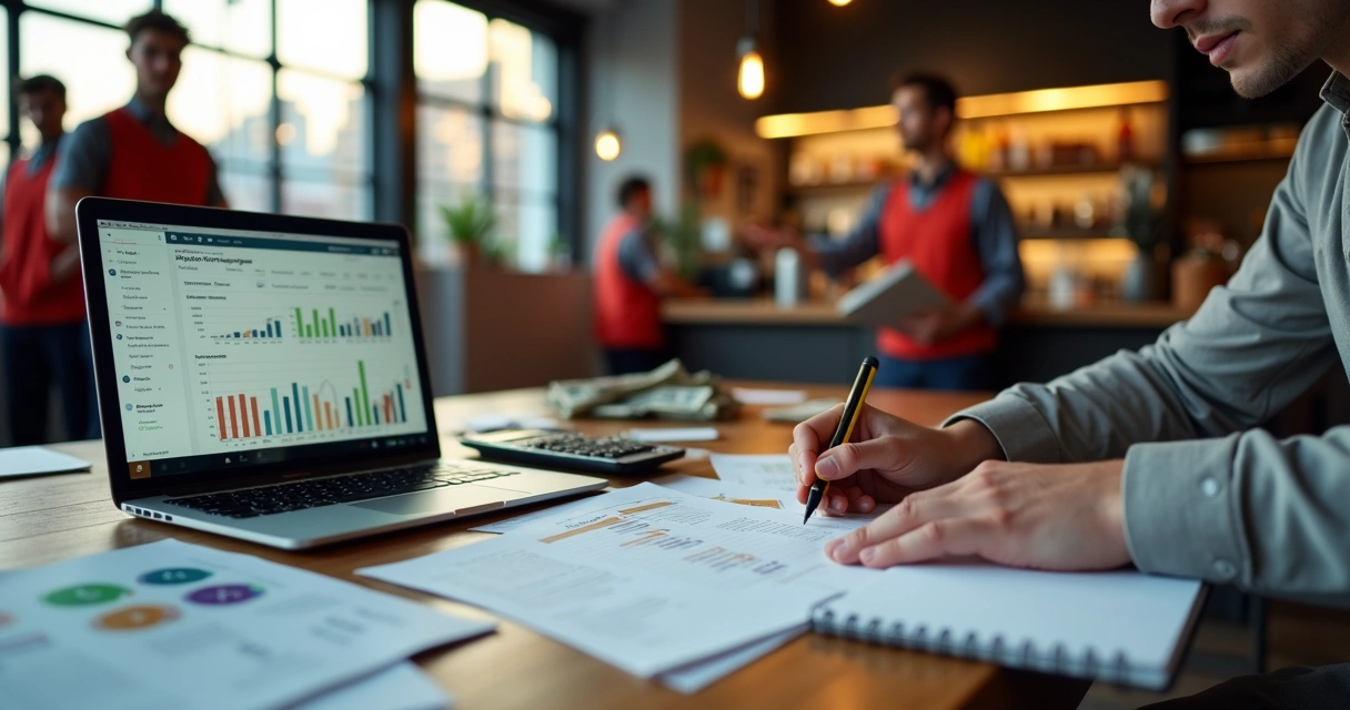 Gestor de delivery analisando caixa registradora e relatórios financeiros em mesa de restaurante 