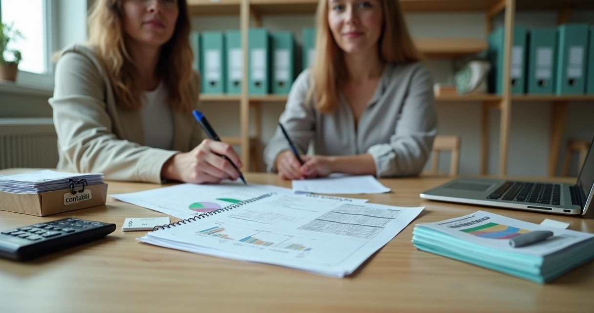 Pequena empresária revisa documentos financeiros com checklist em ambiente de escritório simples 