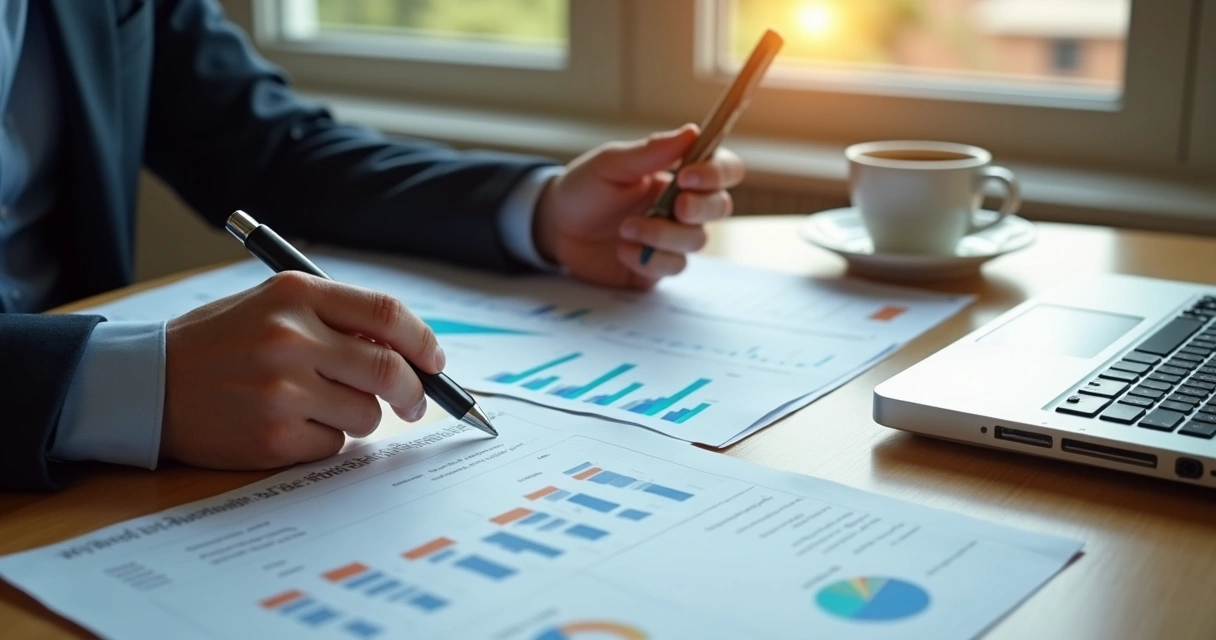 Auditor analisando relatório financeiro na mesa 