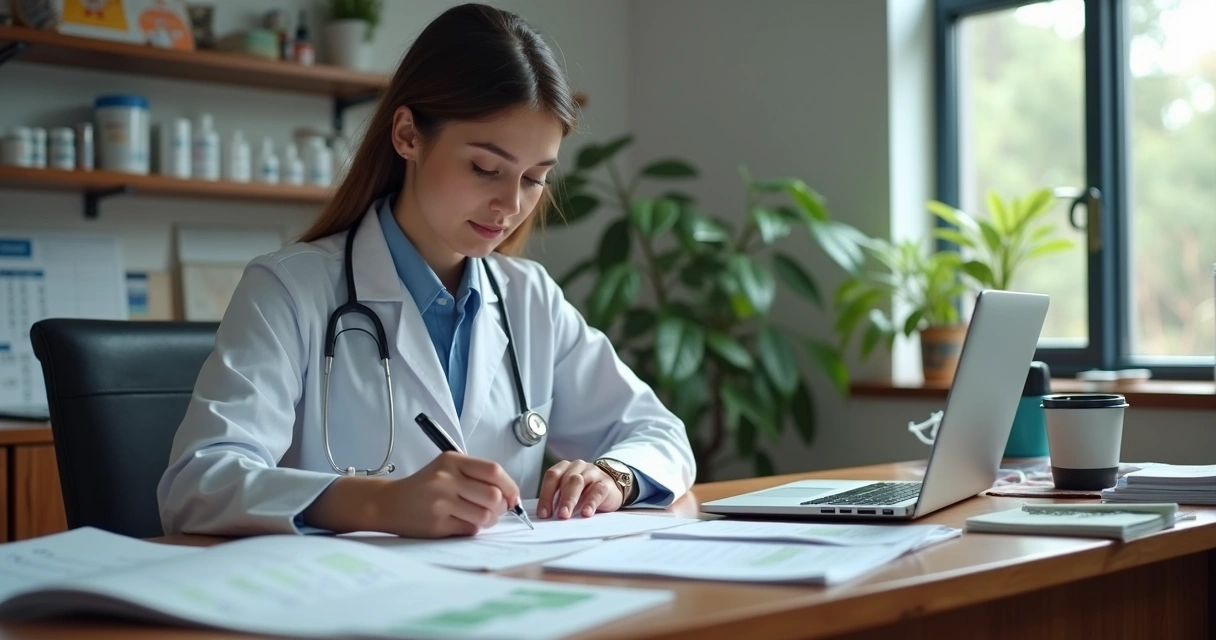 Auditor fiscal analisando documentos em mesa com computador, notas fiscais e planilhas 