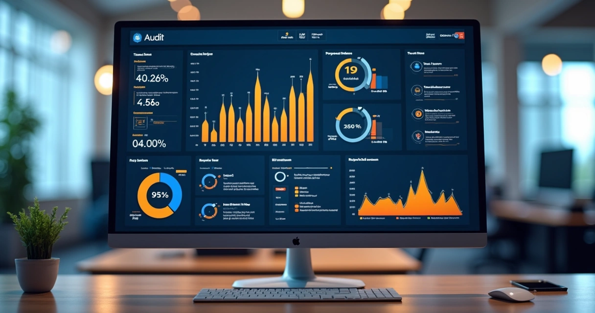 Dashboard digital de auditoria fiscal com monitoramento em tempo real, mostrando gráficos de erros detectados, alertas e painéis de conformidade fiscal. 