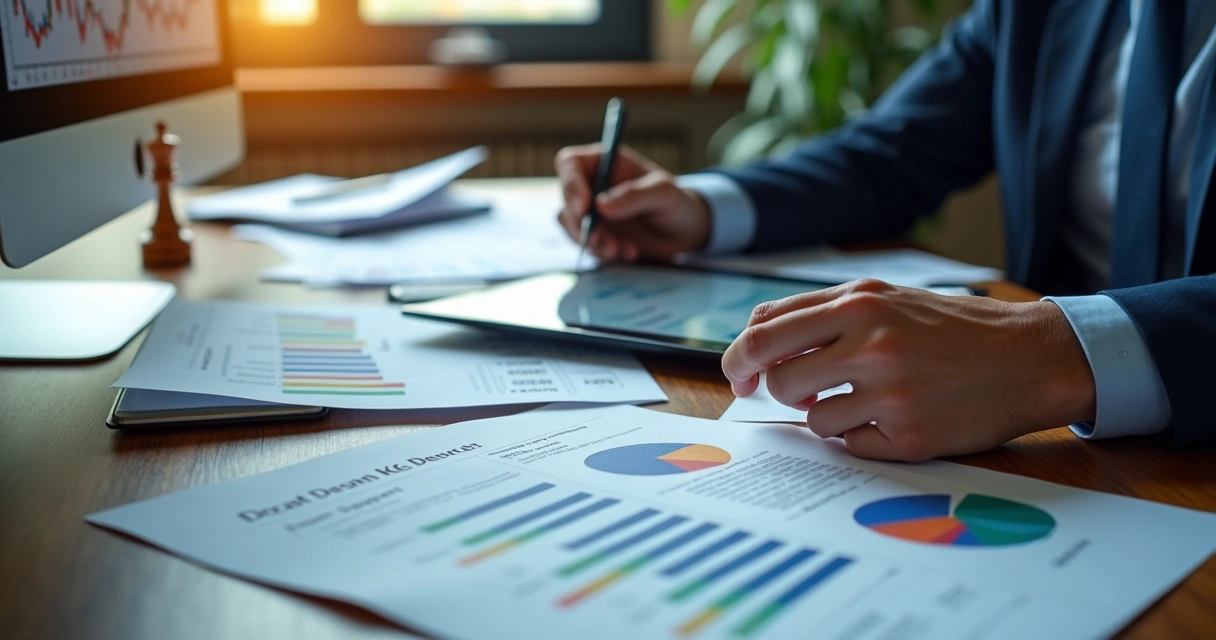 Profissional analisando relatórios fiscais em uma mesa com gráficos e documentos 