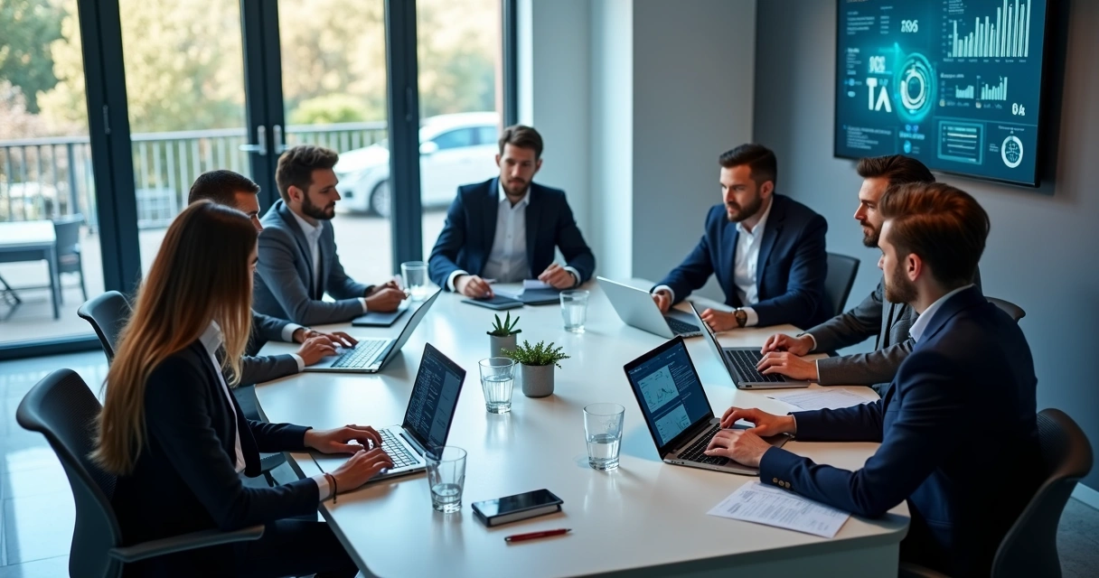 Equipe de auditores fiscalizando documentos digitais e notas fiscais em computadores modernos
