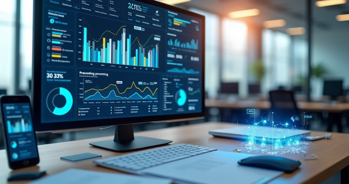 Tela de computador com dashboard digital exibindo gráficos financeiros e dados fiscais integrados por API 