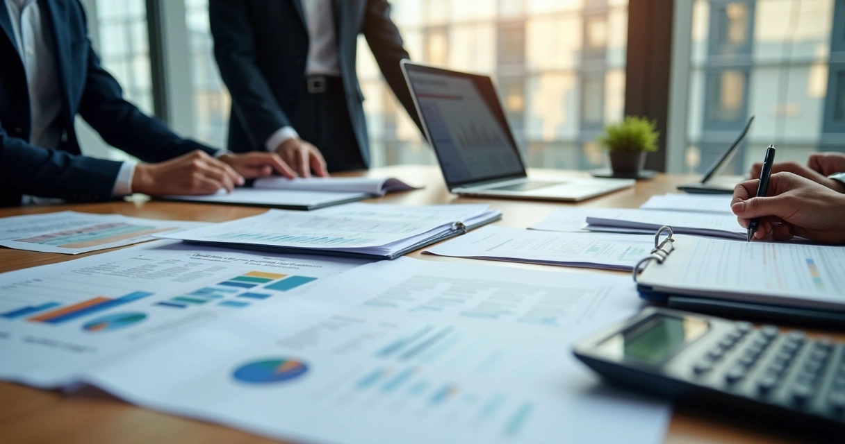 Documentos fiscais e relatórios sobre mesa corporativa 