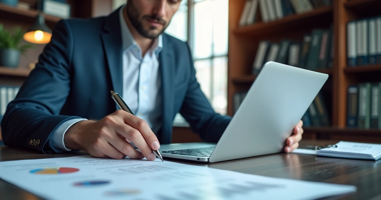 Advogado revisando documentos fiscais detalhados em escritório moderno com computador e gráficos de compliance tributário na tela 