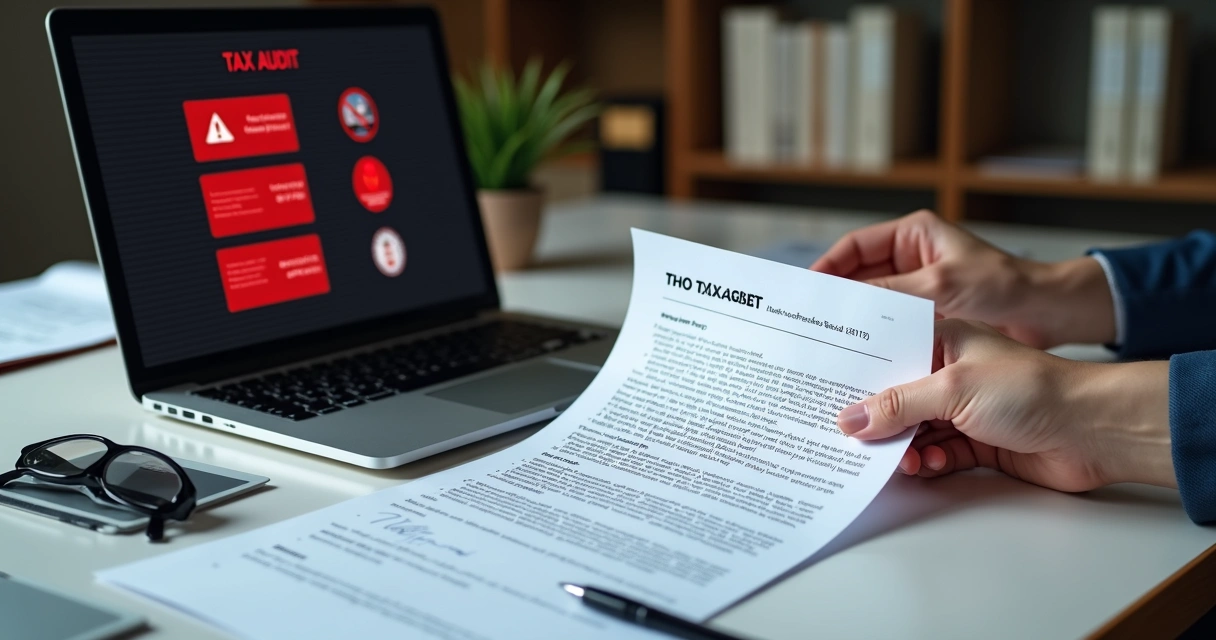 Auditoria fiscal com documentos e laptop abertos com gráficos 