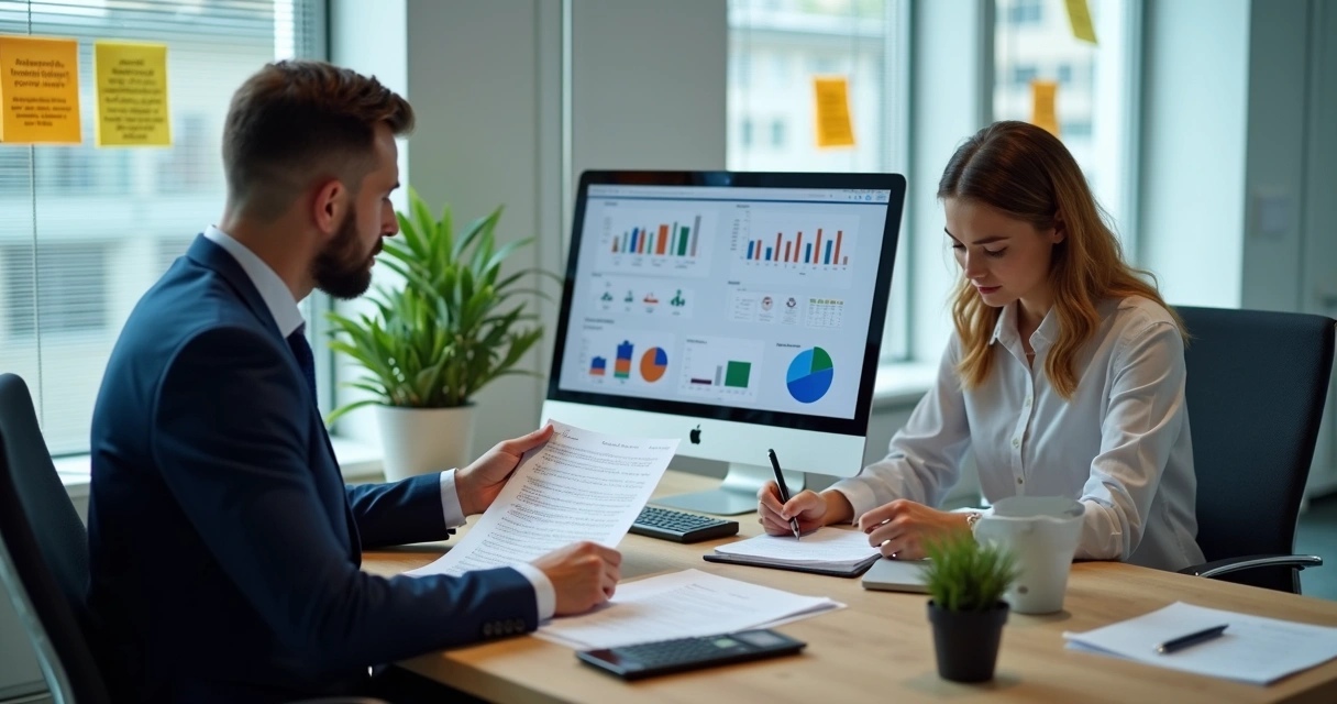 Auditor fiscal revendo relatórios no ERP Protheus em ambiente corporativo 