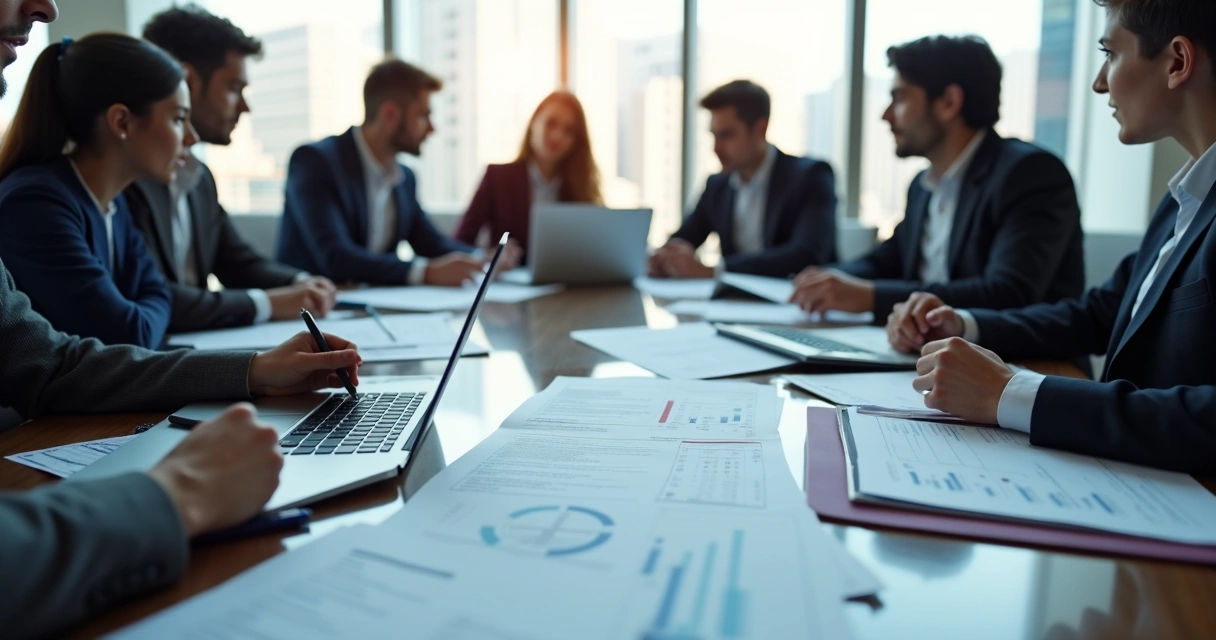 Reunião de auditores analisando relatório impresso e computador com tela de checklist fiscal