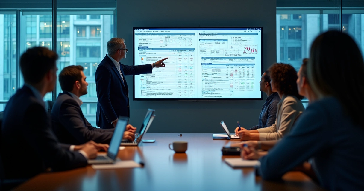 Equipe de auditores reunidos em sala analisando documentos fiscais em tela de monitor 