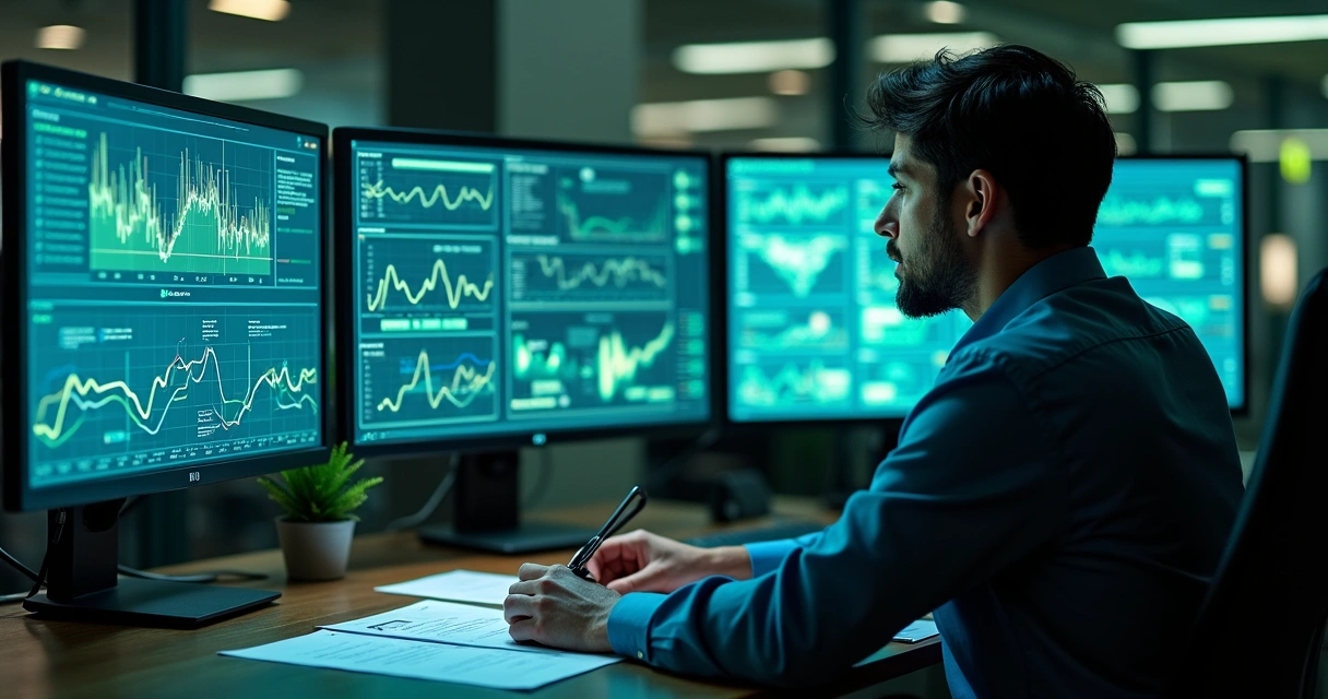 Auditor de dados avaliando fluxo digital com gráficos e IA 