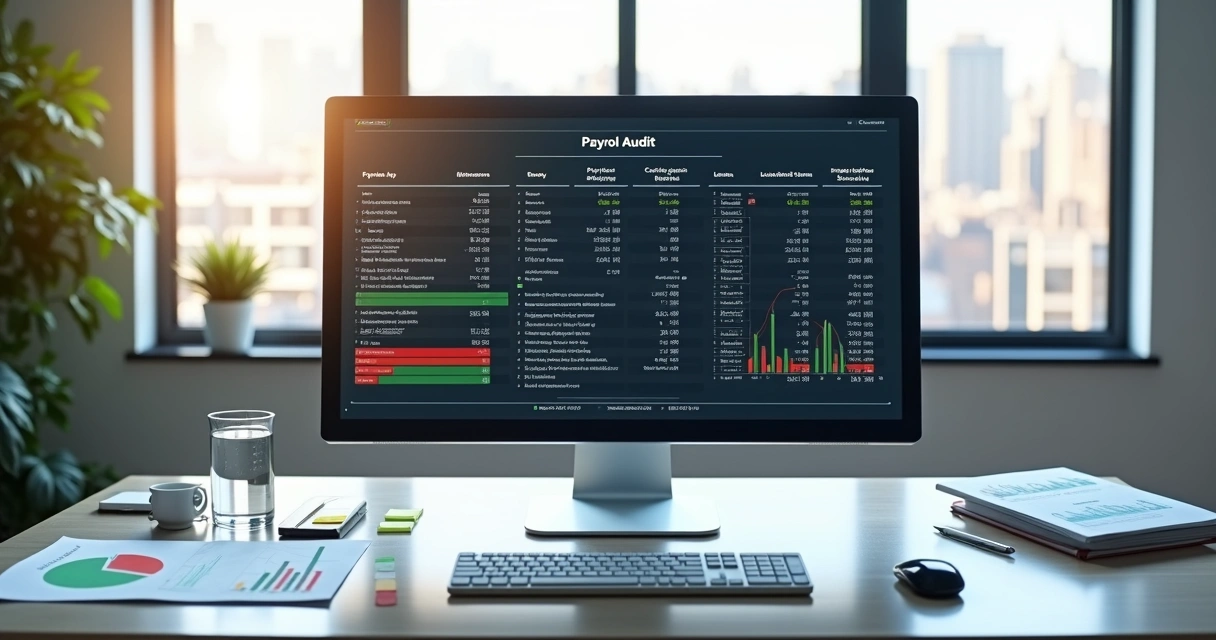 IA analisando folha de pagamento em tela cheia no escritório 