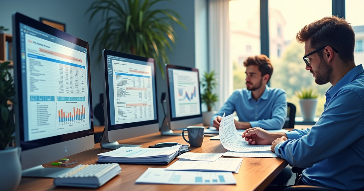 Equipe de peritos revisando documentos financeiros em escritório forense 