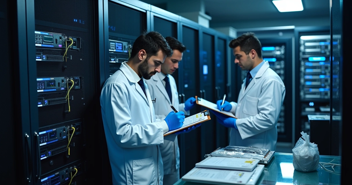 Sala de servidores com peritos analisando equipamentos 