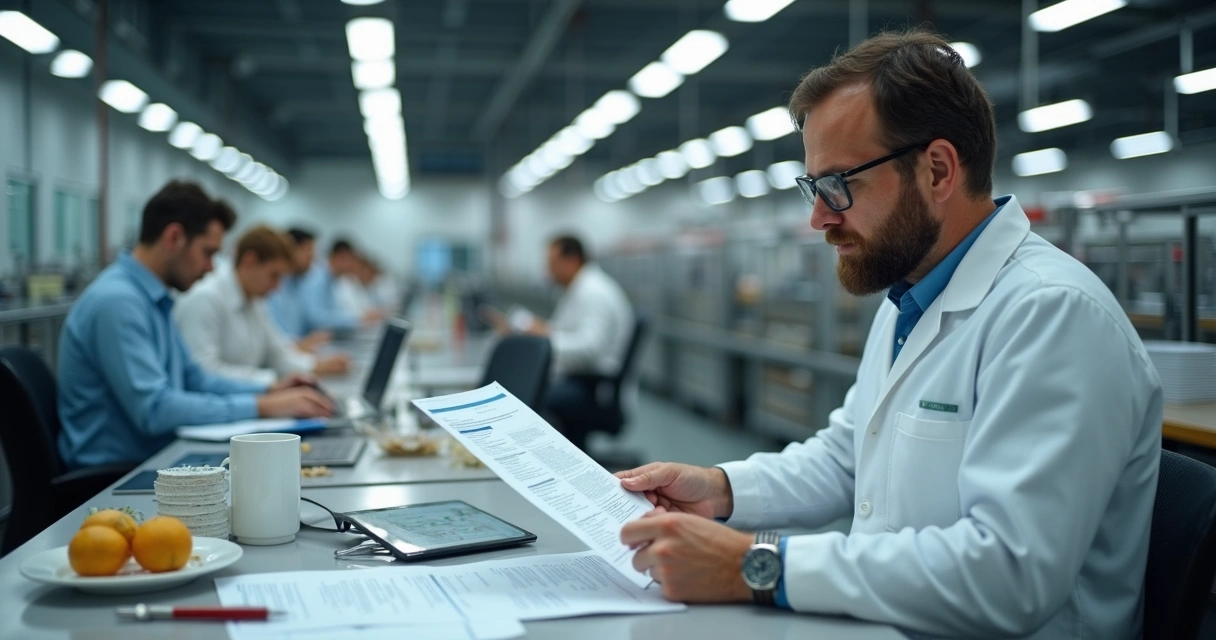 Auditor analisa documentos de um fornecedor de ingredientes em escritório da indústria alimentícia. 