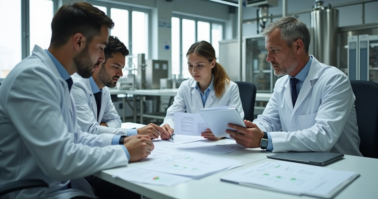 Equipe auditando documentos de fornecedores em uma indústria de alimentos 