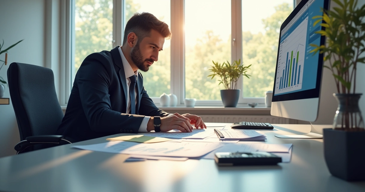 Auditor analisando gráficos em escritório 