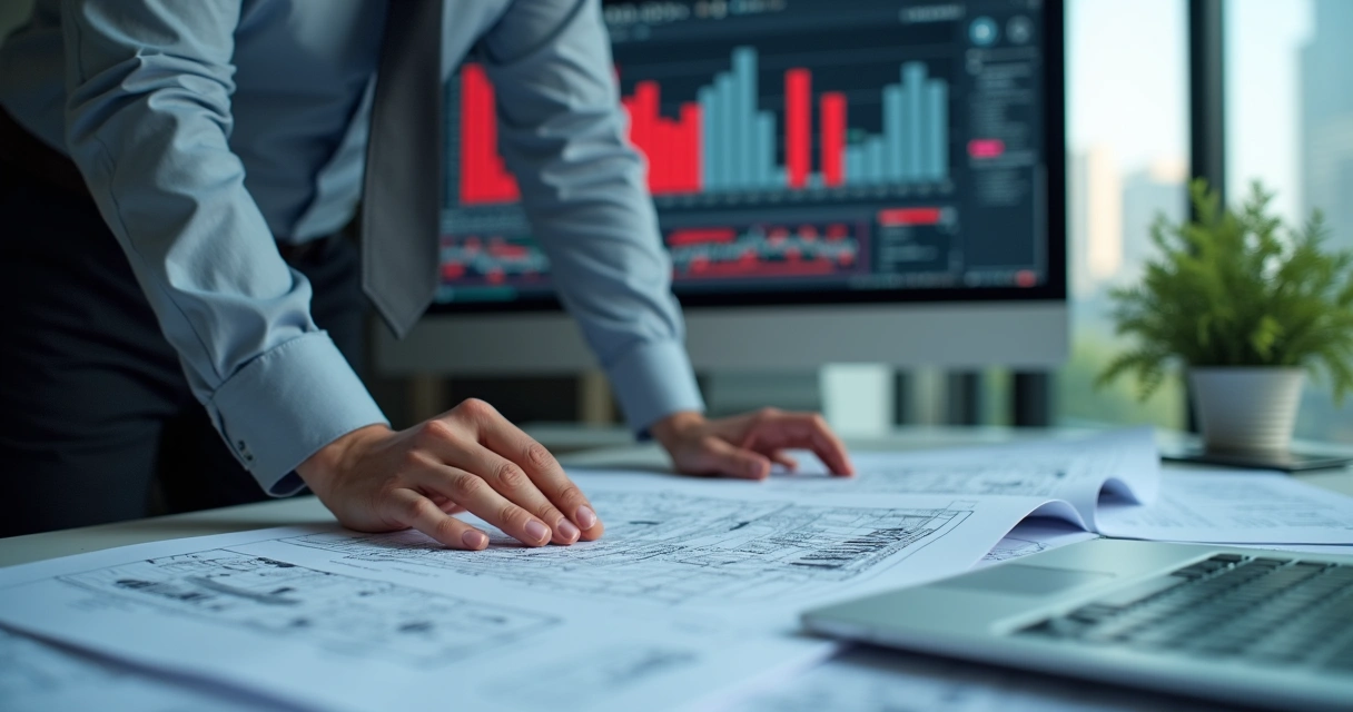 Auditor examinando documentos de incorporadora, gráficos de auditoria ao fundo. 