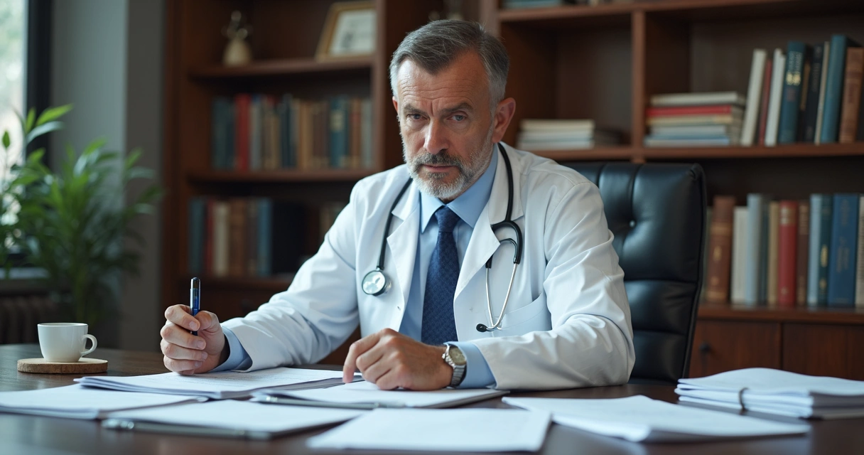 Auditor analisa documentos médicos em mesa, com lupas e carimbos 