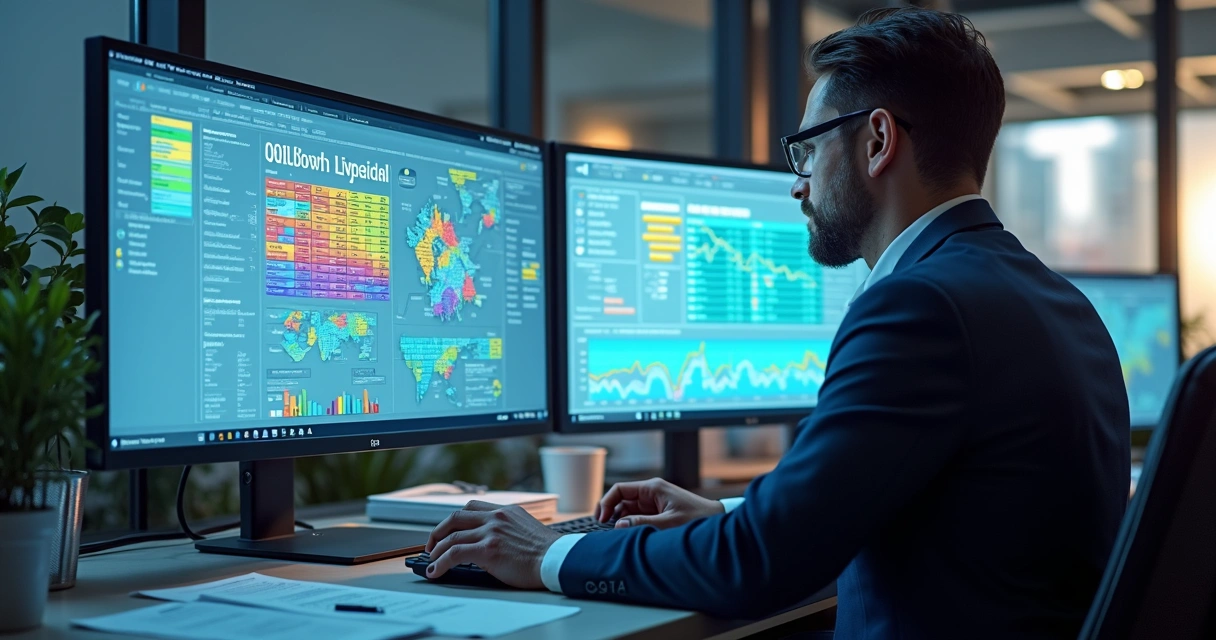 Perito analisando gráficos e detectando padrões de fraude bancária em tela de computador, com papéis e cálculos à frente 