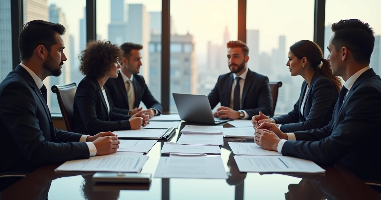 Equipe executiva discutindo governança em sala de reunião 