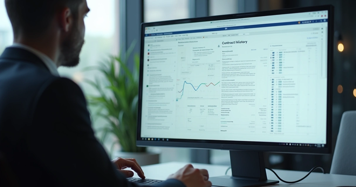 Advogada analisando histórico de contrato na tela do computador 