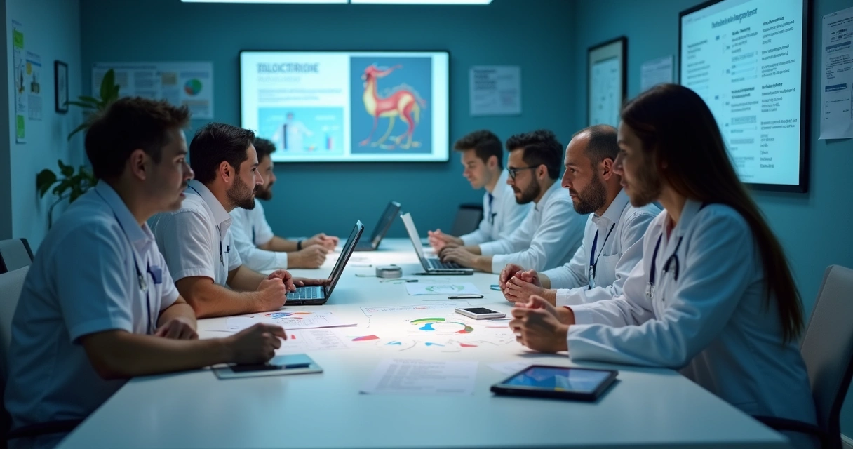 Equipe multidisciplinar reunida em sala de hospital analisando relatórios 
