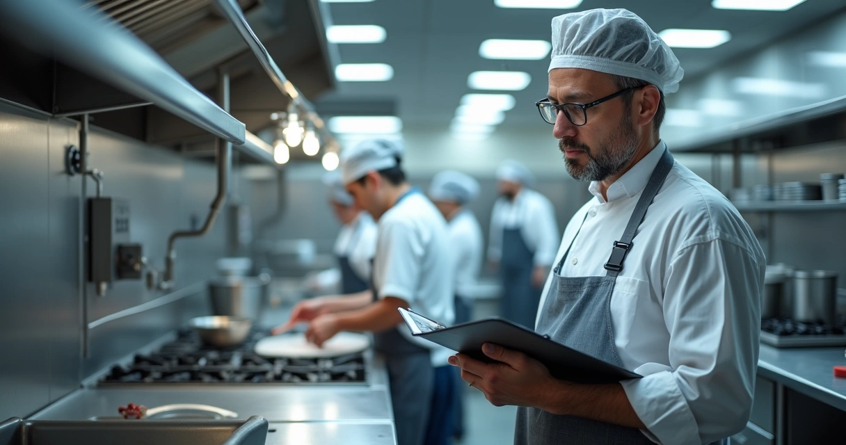 Auditor a inspecionar cozinha de hotel, com foco em tubagens visíveis e equipamentos de segurança 
