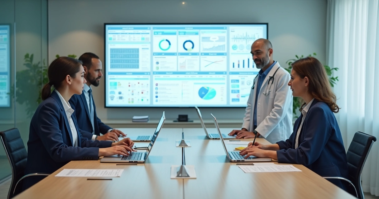 Auditoria interna em clínica médica com painel digital analisando dados com IA 